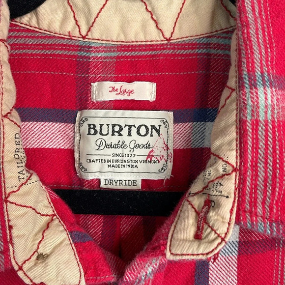 BURTON Mens DryRide Plaid Flannel Shirt Red White Blue Cotton Chest Pockets L - Picture 9 of 13
